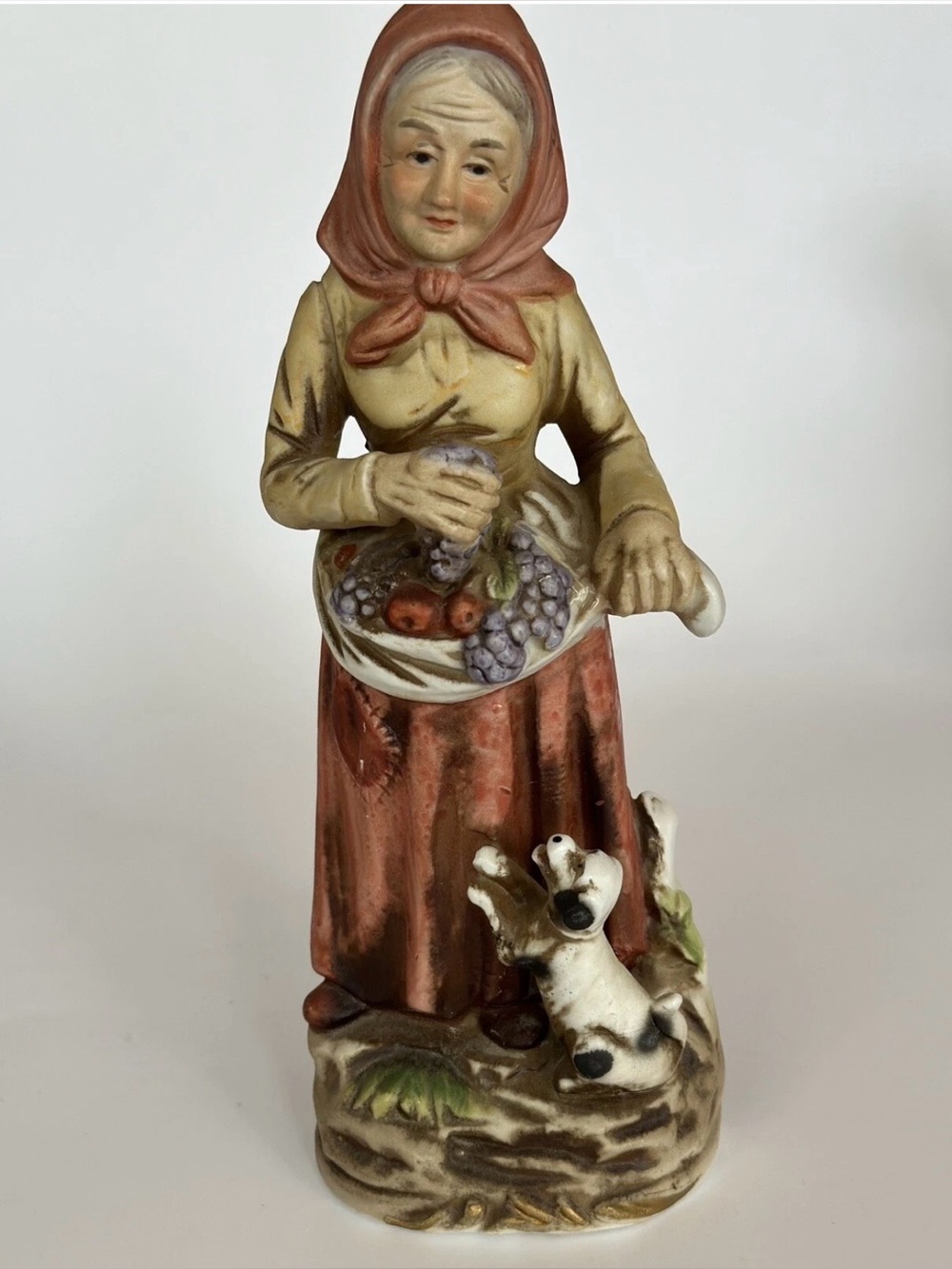 Vintage Home Interiors #1417 Old Woman Fruit Basket Dog Porcelain Figurine 8”